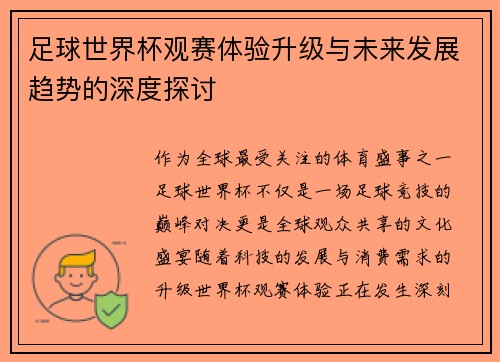 足球世界杯观赛体验升级与未来发展趋势的深度探讨